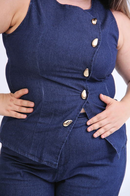 CURVY SET DE PANTALON Y BLUSA TIPO CHALECO BOTONES DORADOS