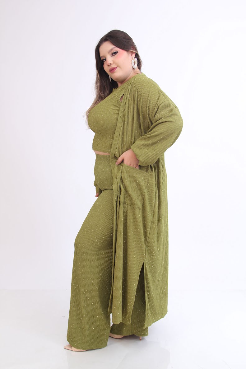 CURVY SET DE 3 PIEZAS PANTALON BLUSA ENSAMBLE BRILLOS