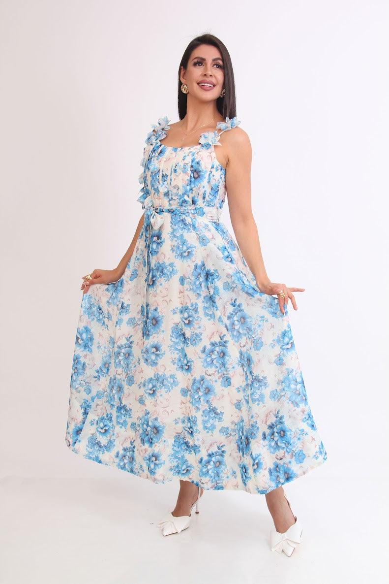 VESTIDO 3/4 FLOREADO AZUL TIRANTES PETALOS 3D