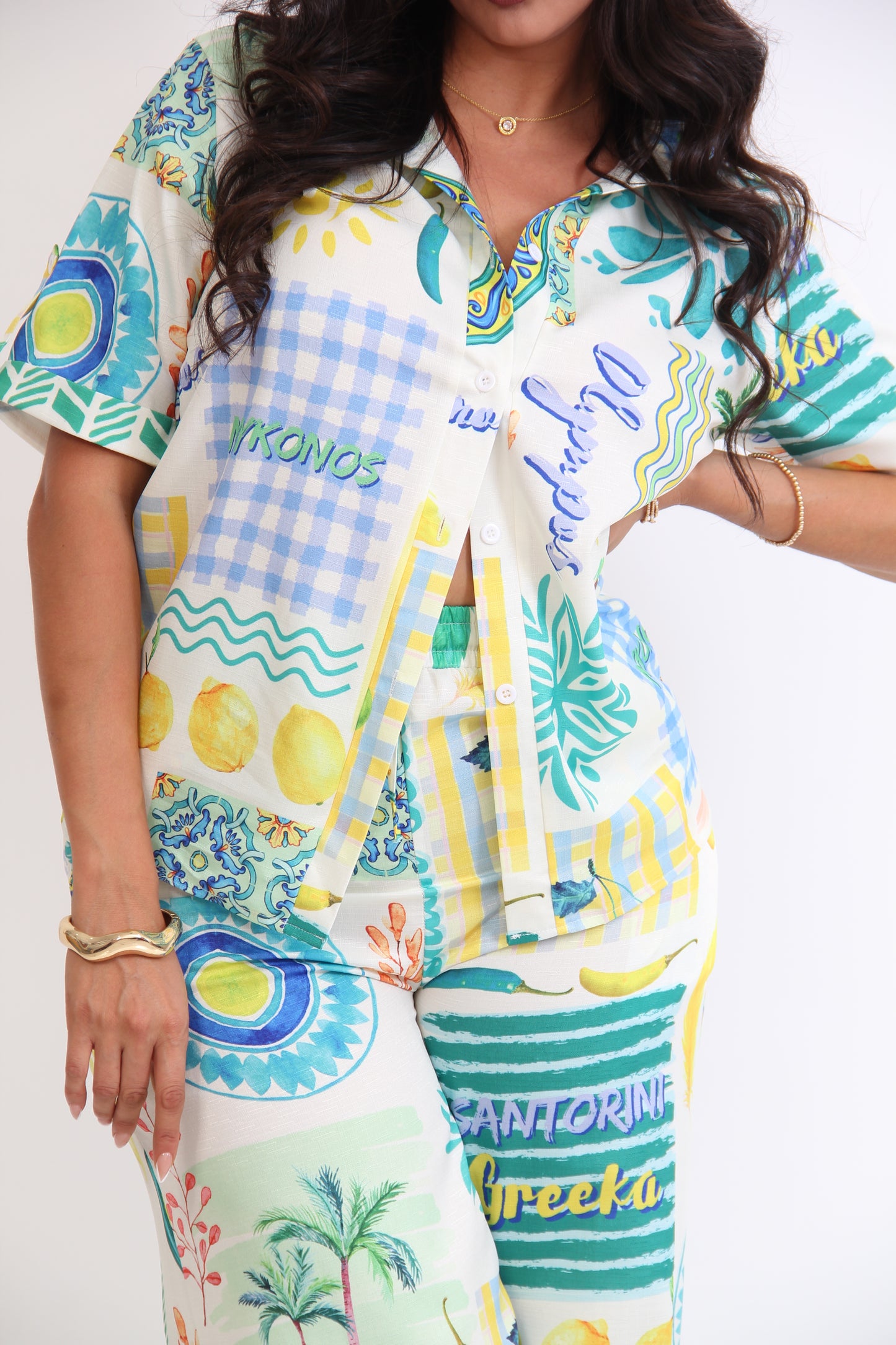 SET PANTALON Y BLUSA ESTAMPADO AZUL AMARILLO LIMON