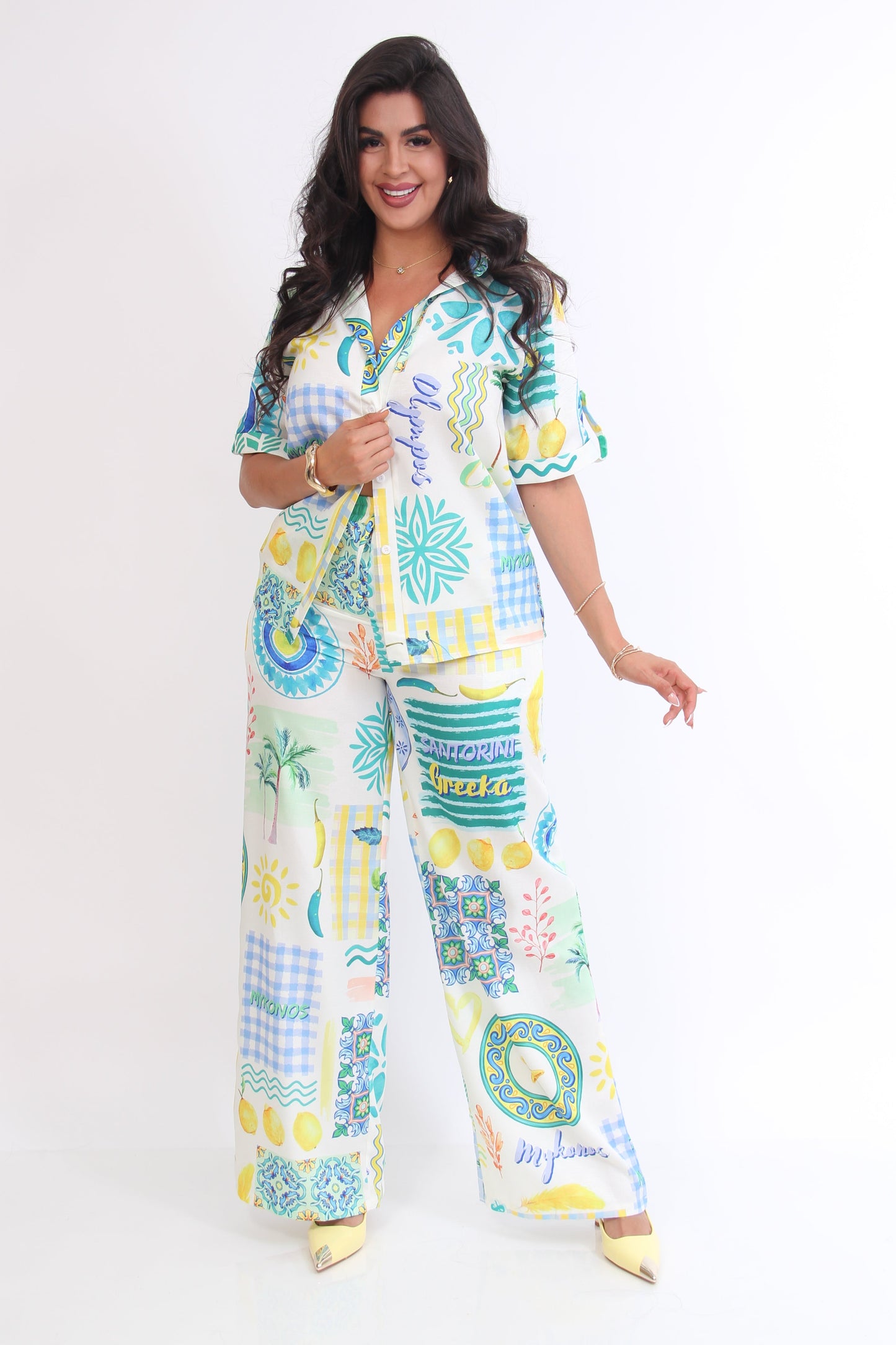 SET PANTALON Y BLUSA ESTAMPADO AZUL AMARILLO LIMON