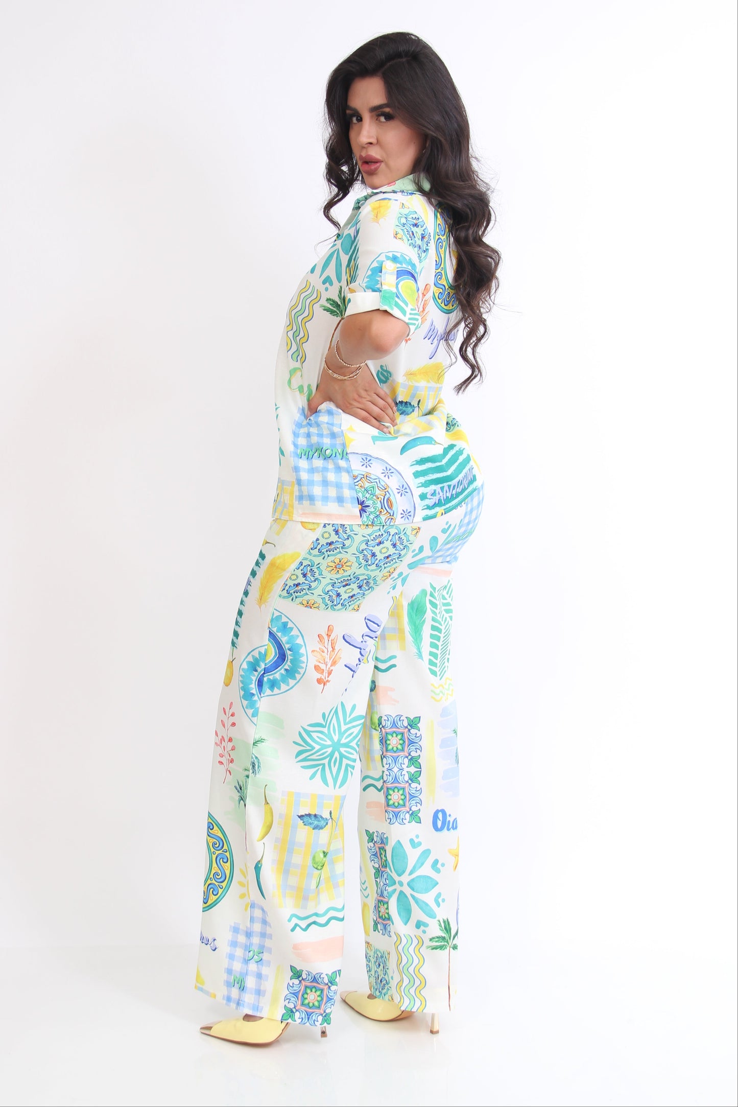 SET PANTALON Y BLUSA ESTAMPADO AZUL AMARILLO LIMON