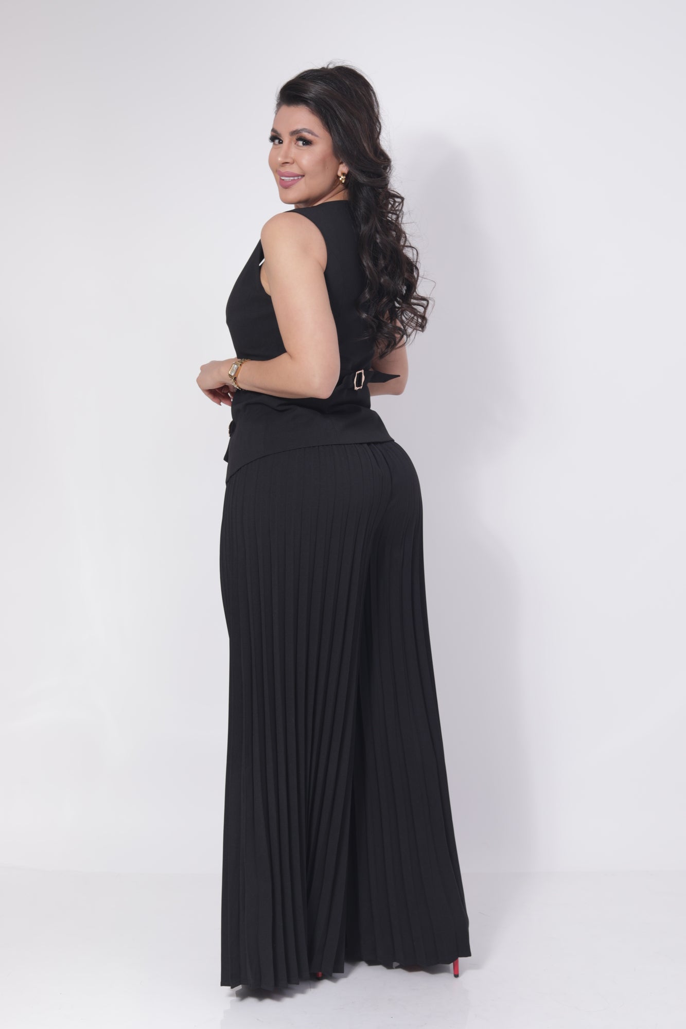SET DE VESTIR BLUSA BOTONES DORADOS PANTALON HOLGADO PLISADO