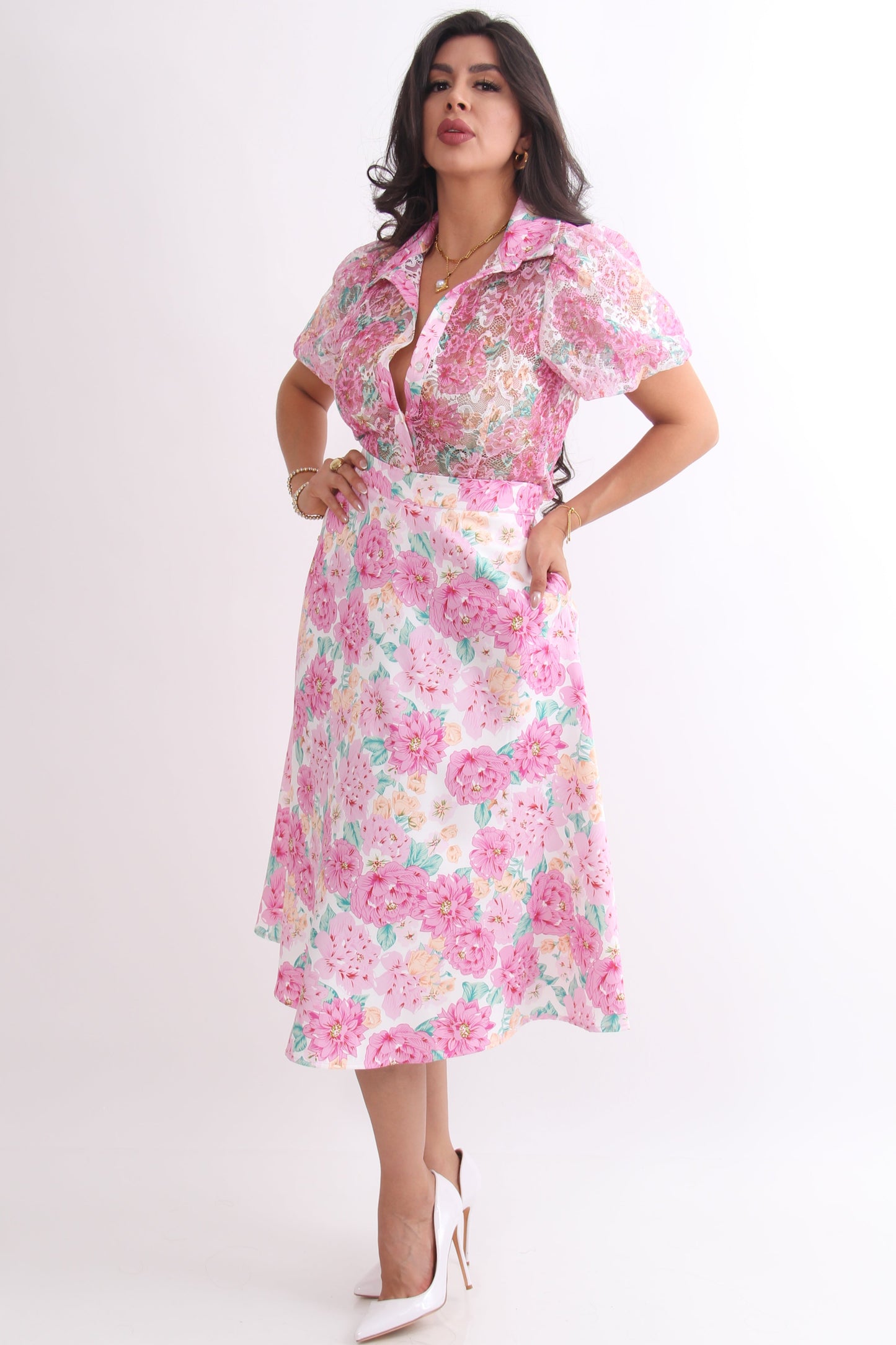 SET ROSA FLORAL BLUSA ENCAJE FALDA