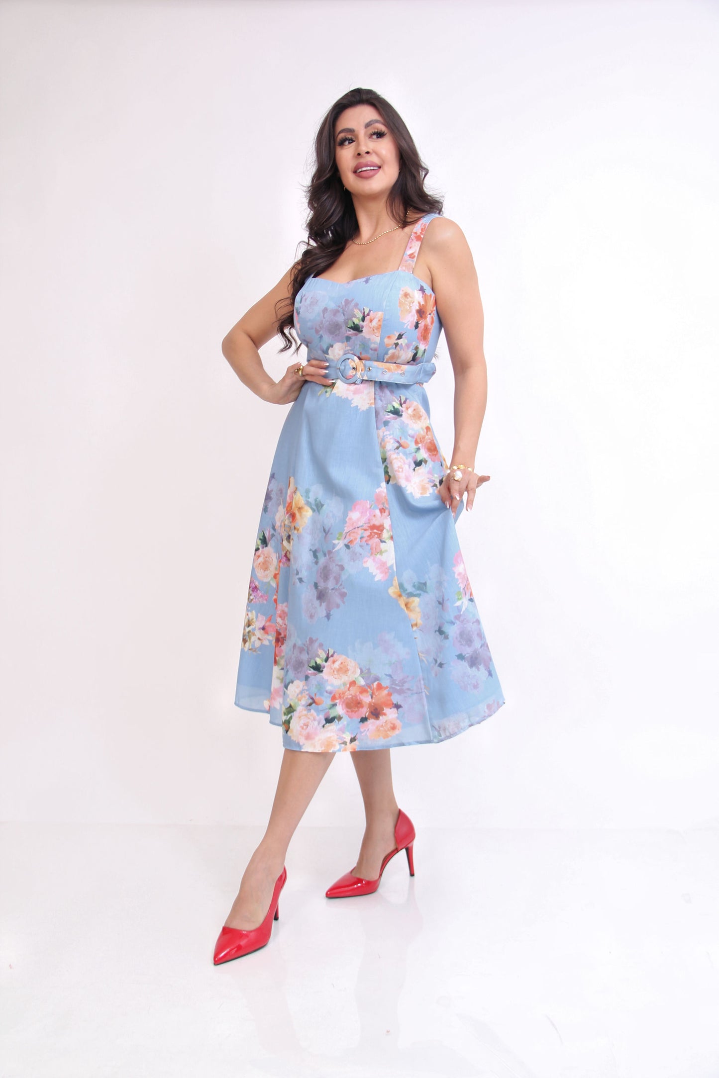 VESTIDO MIDI AZUL ESTAMPADO FLOREADO CINTURON