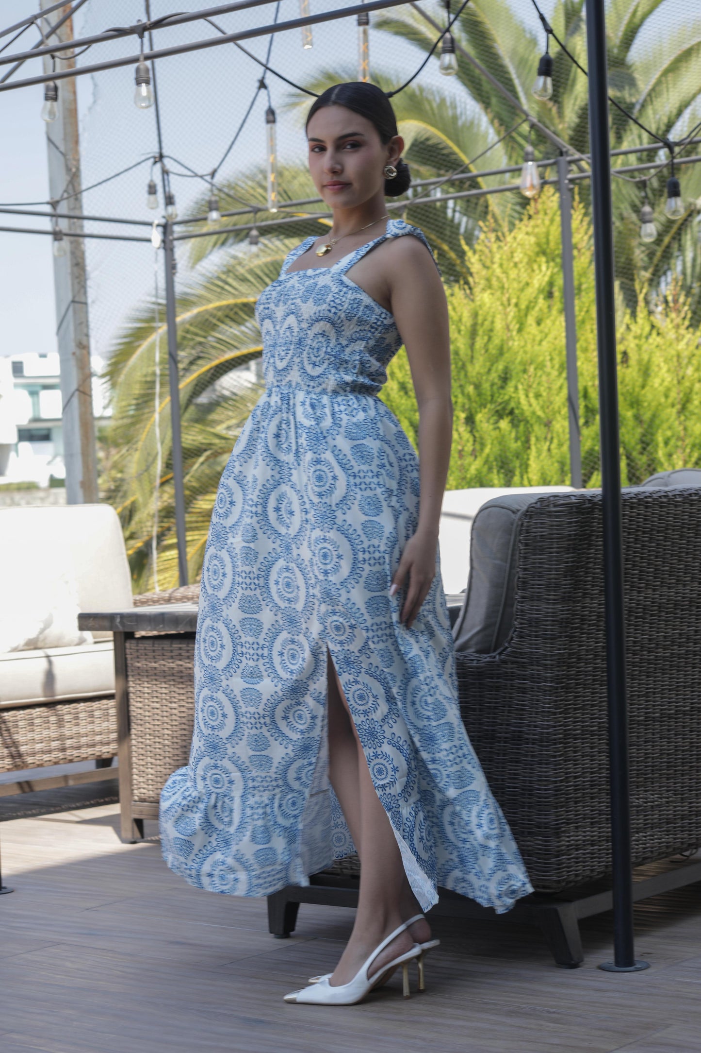 VESTIDO TIRANTES 3 CUARTOS ESTAMPADO AZUL RESORTE