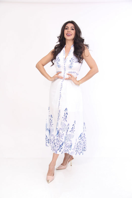 VESTIDO MIDI BLANCO ESTAMPADO AZUL BOTONERO SIN MANGAS