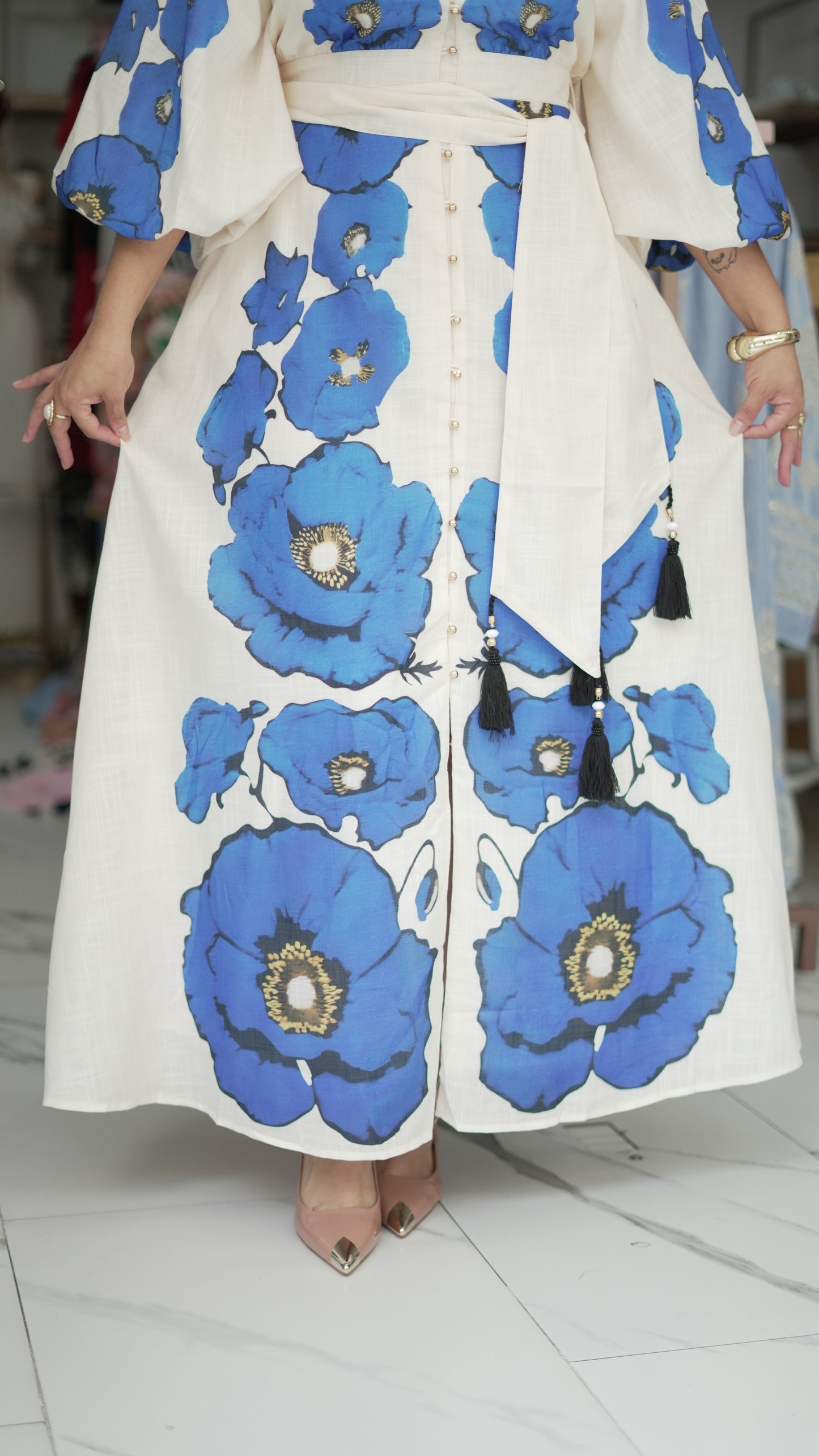 VESTIDO AMPON 3/4 ESTAMPADO BOTONERO MANGA LARGA