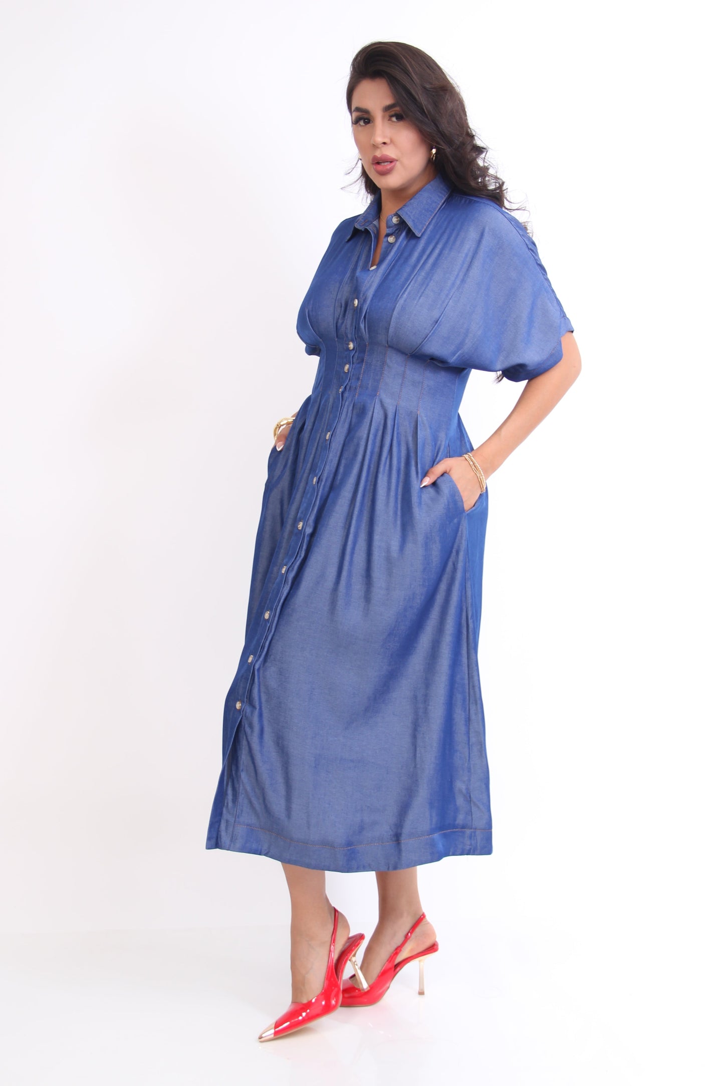 VESTIDO TIPO MEZCLILLA AZUL 3/4 PINZAS CINTURA