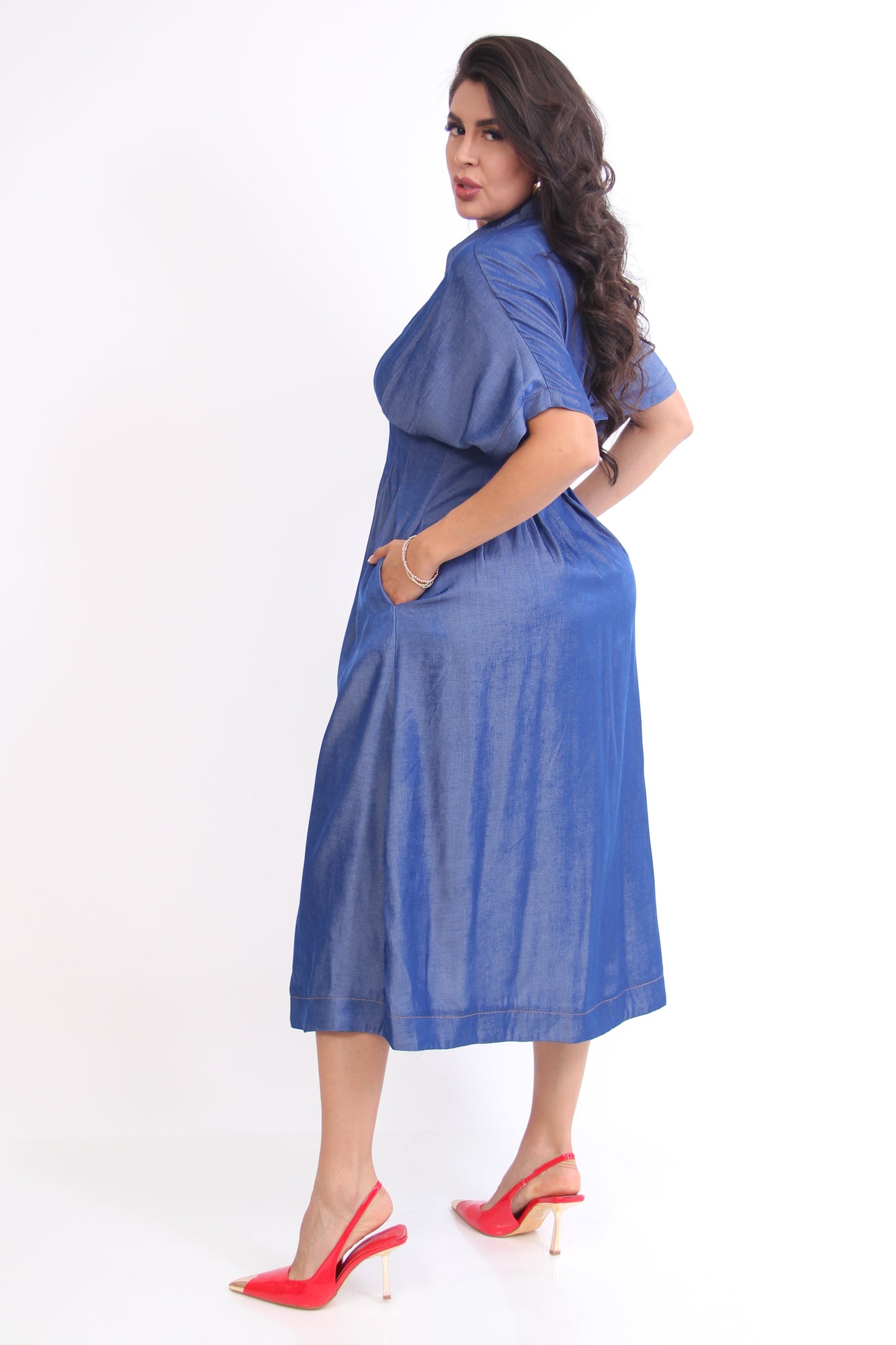 VESTIDO TIPO MEZCLILLA AZUL 3/4 PINZAS CINTURA