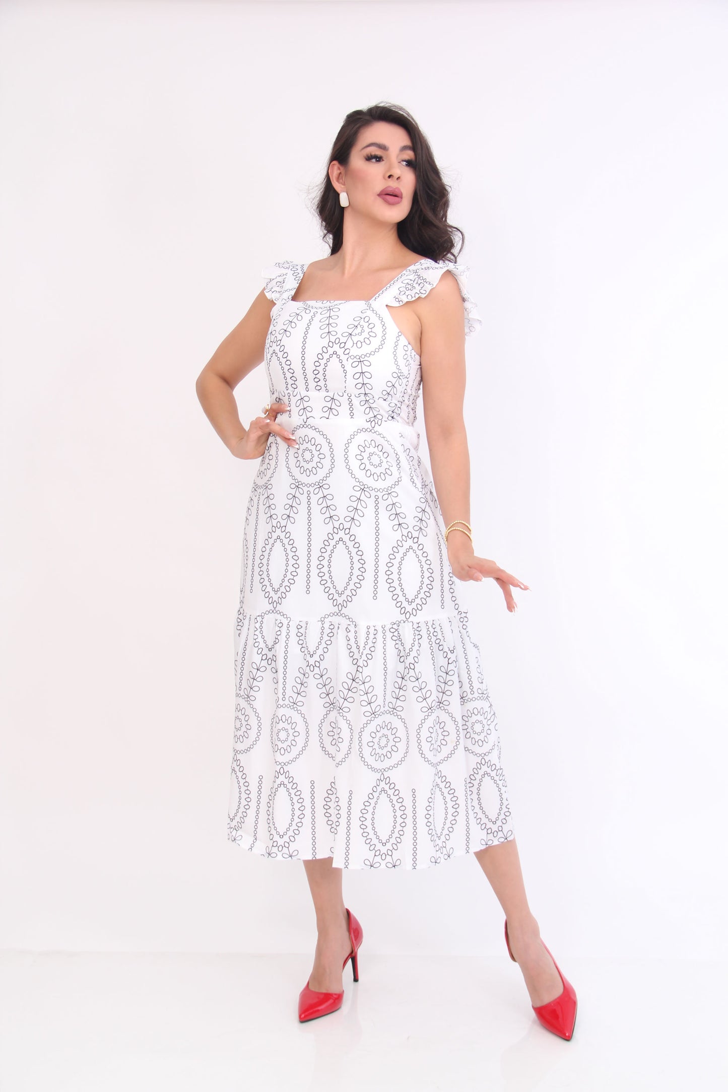 VESTIDO MIDI BLANCO ESTAMPADO NEGRO MANGA OLAN