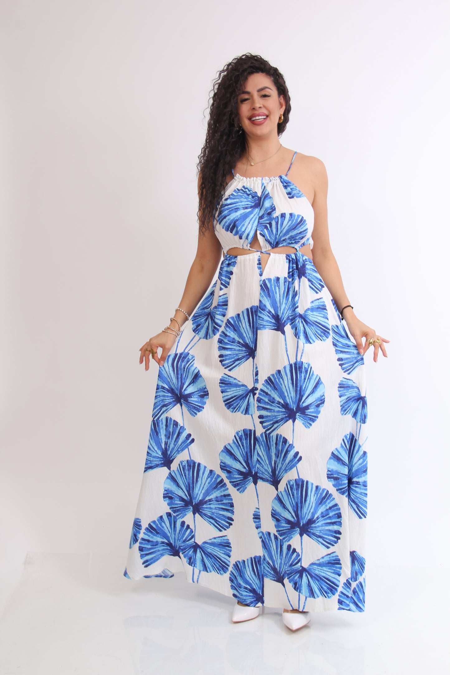 MAXI VESTIDO ESTAMPADO AZUL ABERTURAS CINTURA