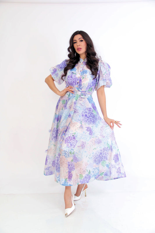 VESTIDO ESTAMPADO FLORES HORTENSIAS LILAS