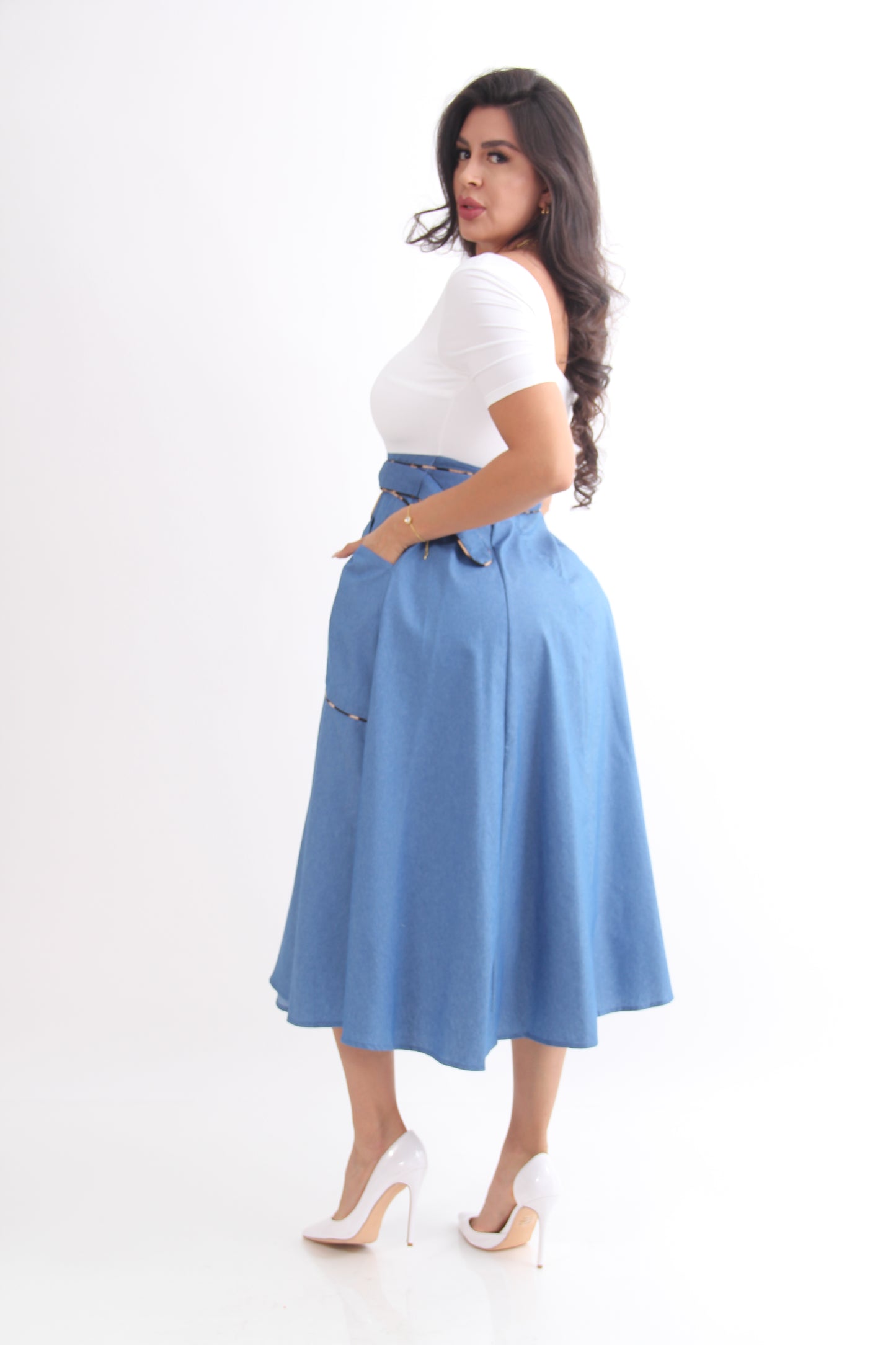 VESTIDO 3/4 MEZCLILLA BOLSAS BORDES CAFES CON MANGA