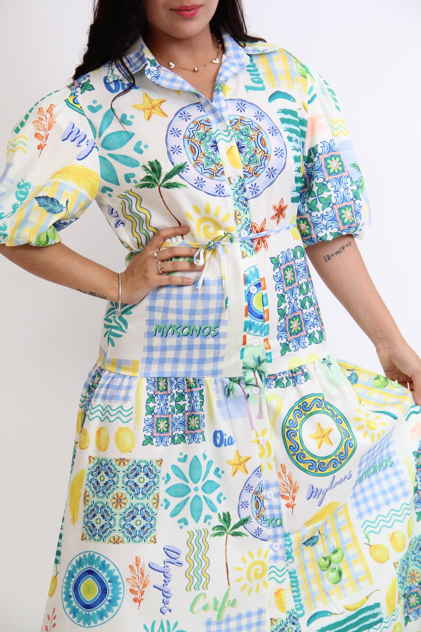 VESTIDO 3/4 ESTAMPADO AZUL AMARILLO LIMON