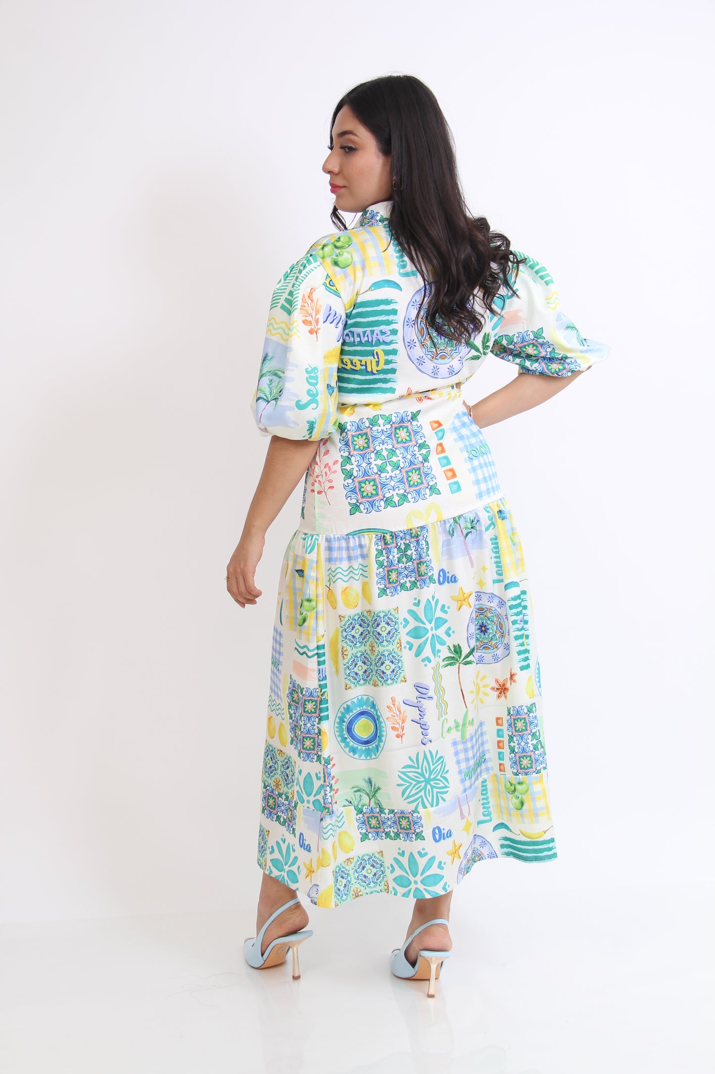 VESTIDO 3/4 ESTAMPADO AZUL AMARILLO LIMON