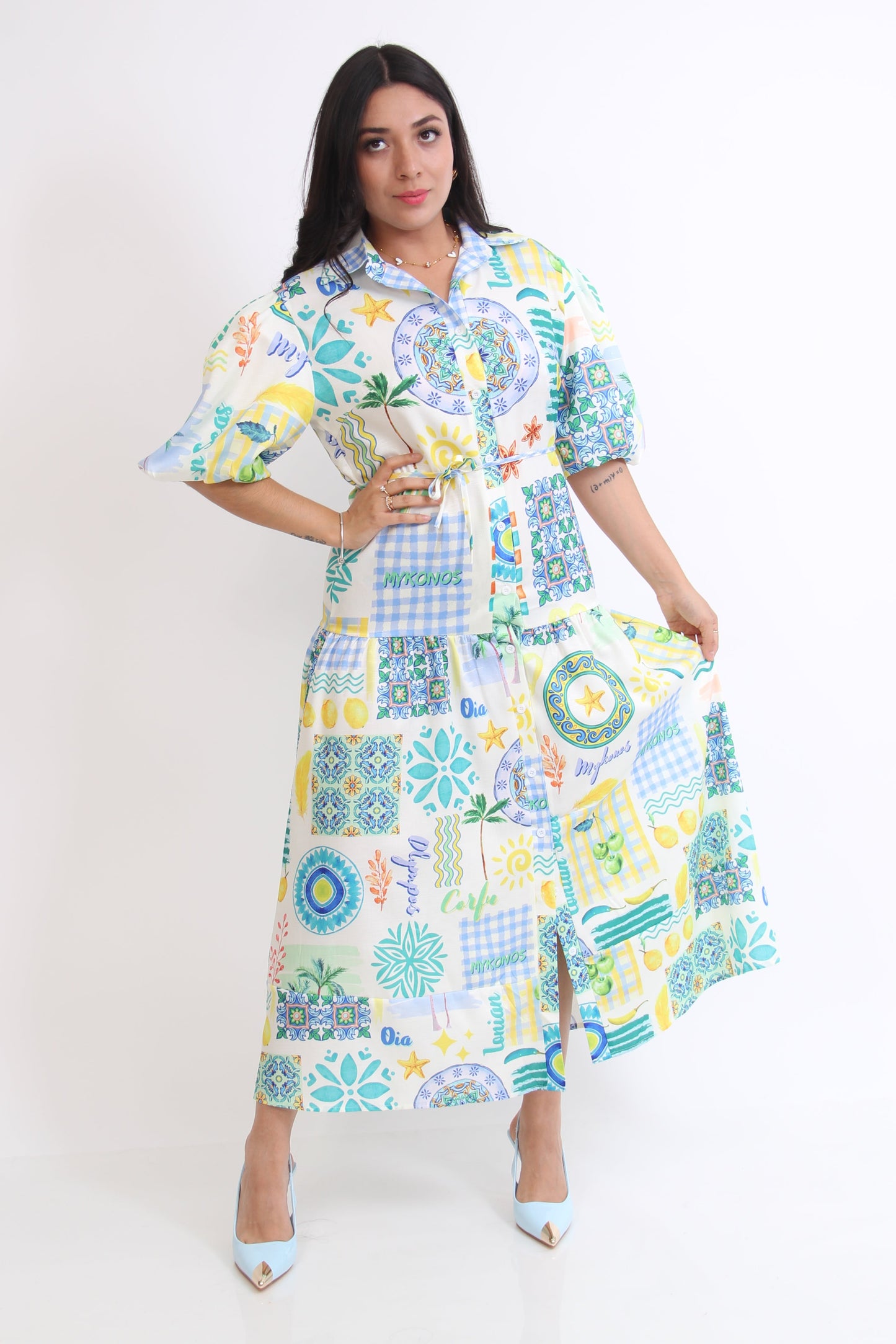 VESTIDO 3/4 ESTAMPADO AZUL AMARILLO LIMON