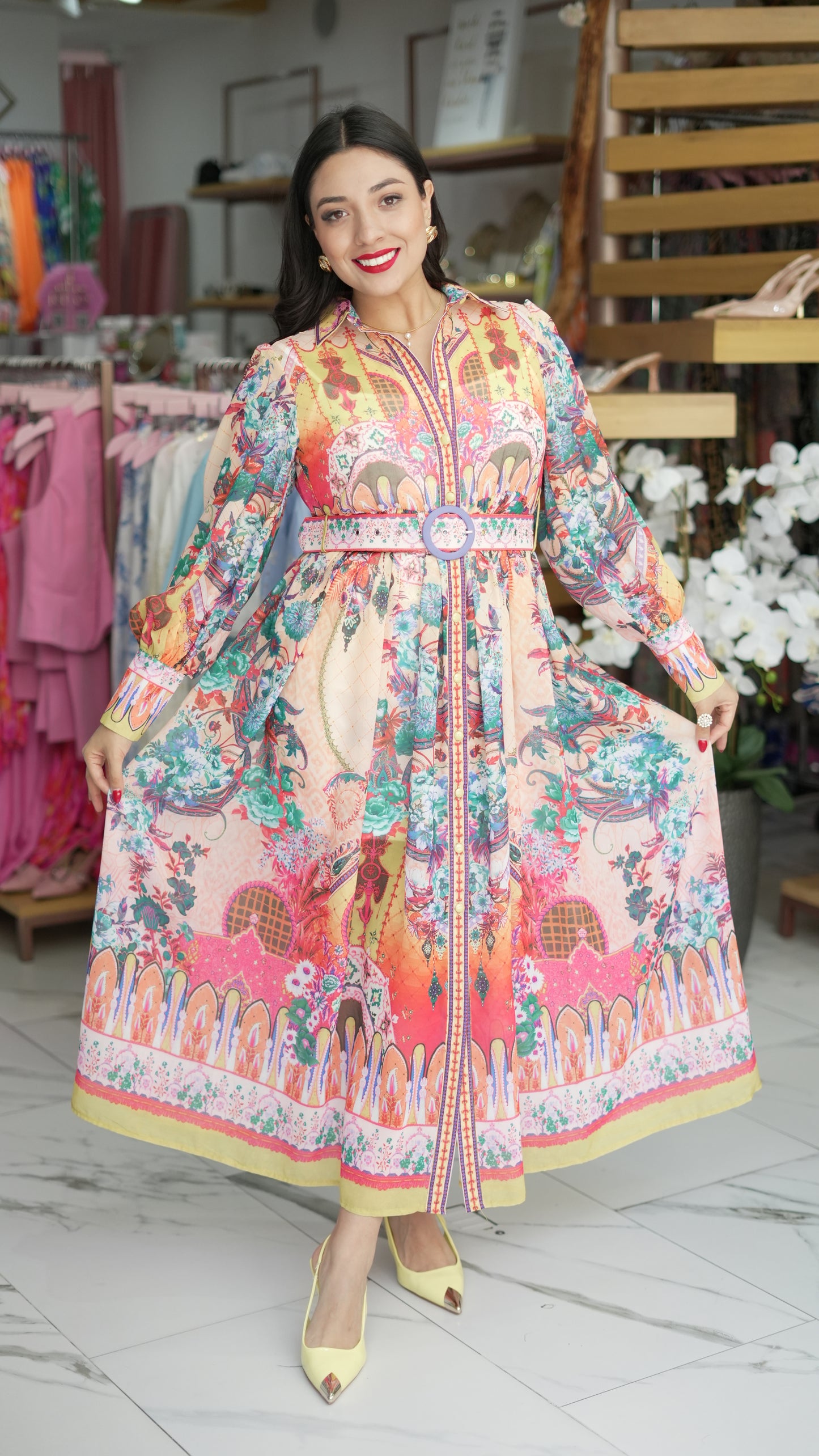 vestido 3/4 estampado manga larga cinturón