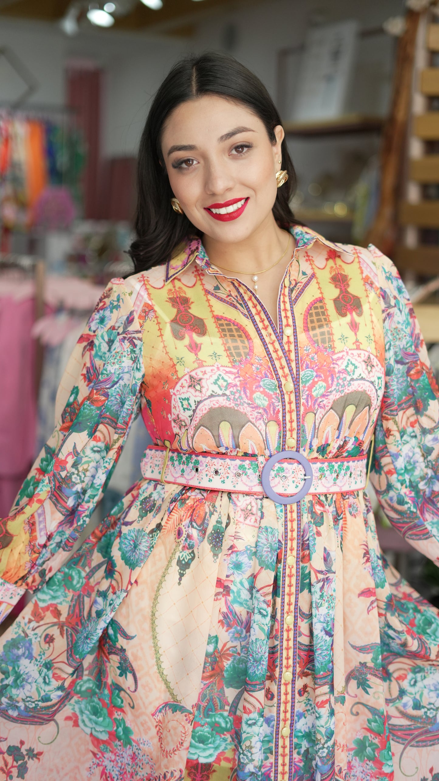 vestido 3/4 estampado manga larga cinturón