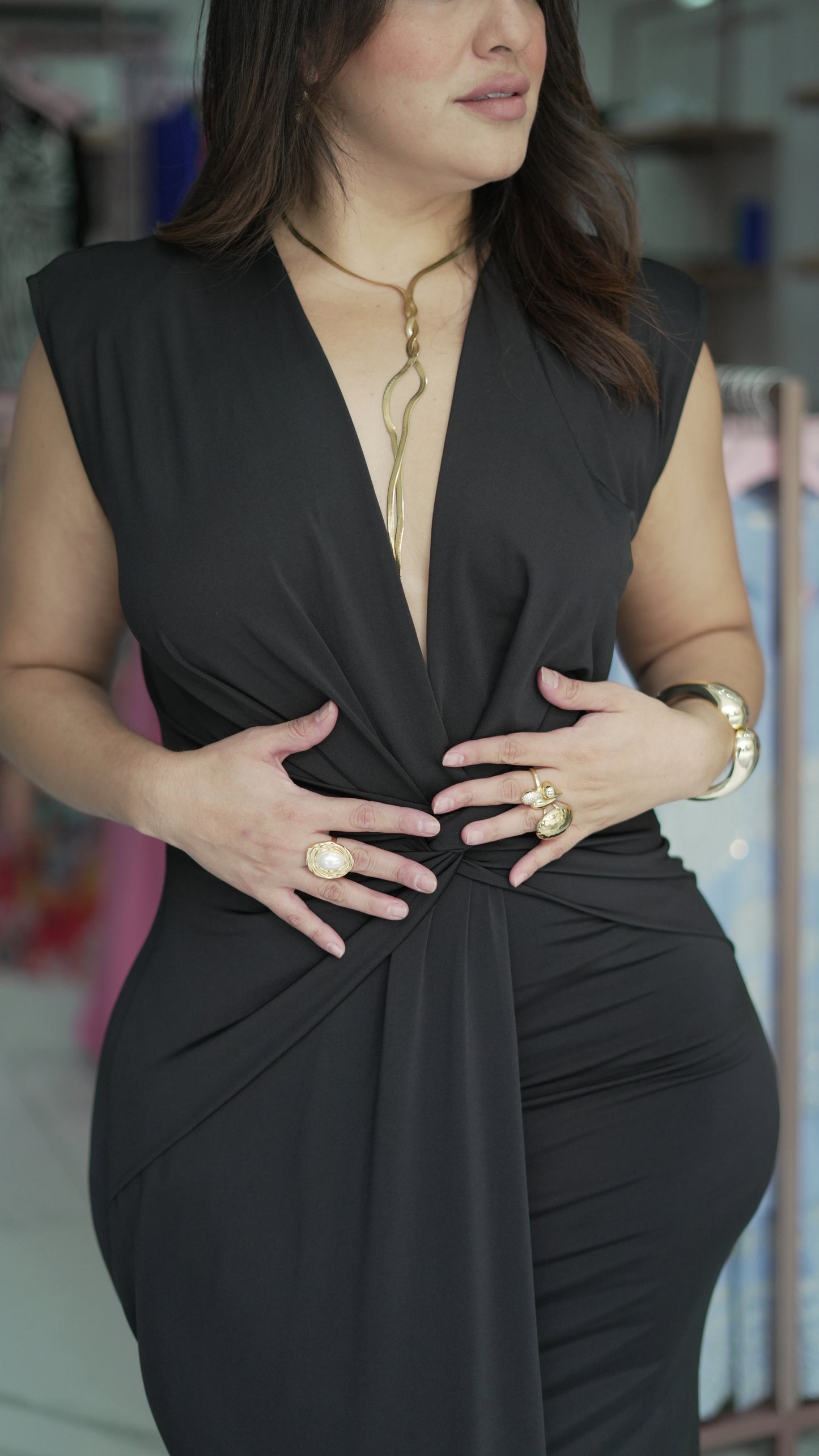 VESTIDO LARGO LICRA NUDO CINTURA CUELLO V