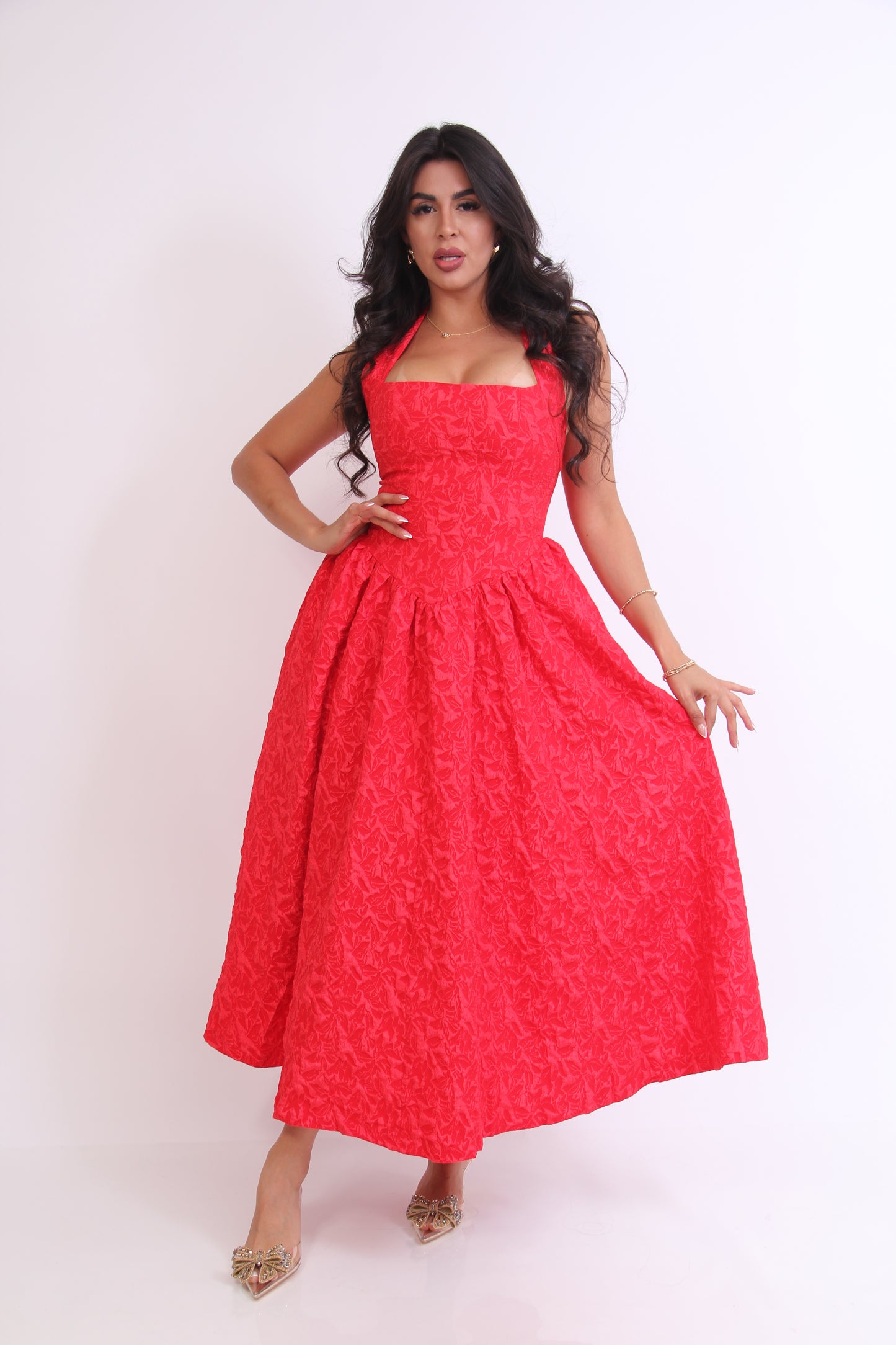 VESTIDO 3/4 ROJO RELIEVE