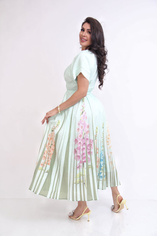 VESTIDO MANGA ALZADA FALDA LARGA TABLEADA