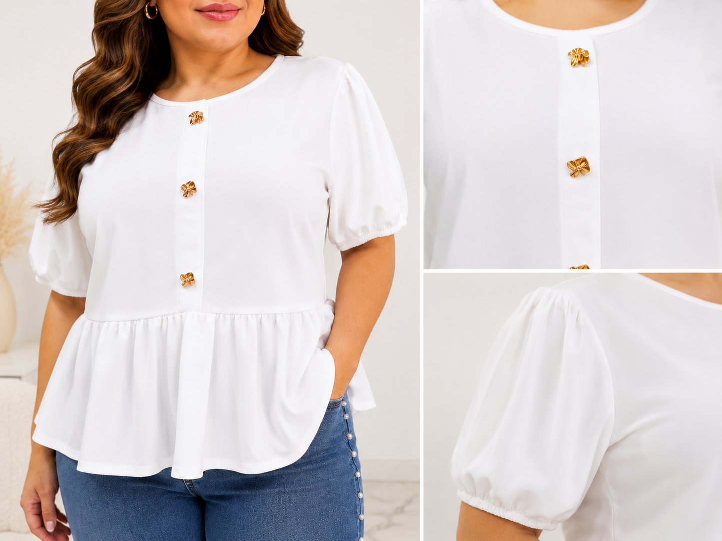 BLUSA MANGA CORTA ALZADA Y BOTONES DORADOS