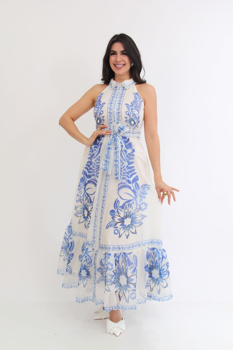 Vestido Blanco Botonero Estampado Azul
