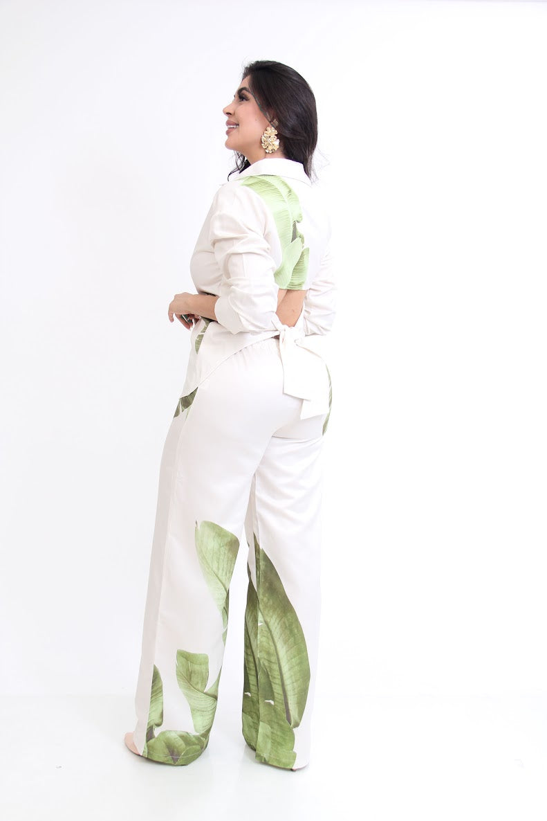 Set de Vestir Estampado Hojas Verdes Escote Espalda