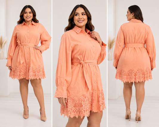 VESTIDO CORTO BOTONERO PERLAS Y CINTURON