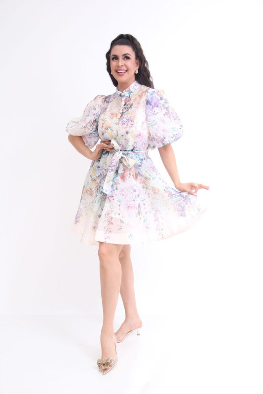 VESTIDO CORTO BOTONERO ESTAMPADO FLORAL /FORRO INTERNO