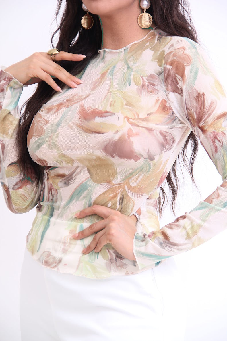 BLUSA TRANSPARENCIA ESTAMPADA MANGA LARGA