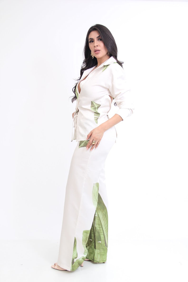 Set de Vestir Estampado Hojas Verdes Escote Espalda
