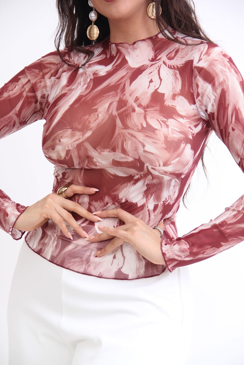 BLUSA TRANSPARENCIA ESTAMPADA MANGA LARGA
