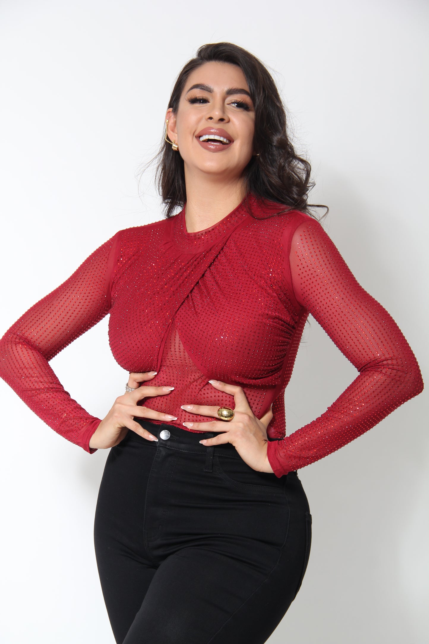 BLUSA MESH CON BRILLOS PECHO CRUZADO