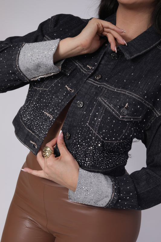 CHAMARRA DE MEZCLILLA NEGRA CON BRILLOS