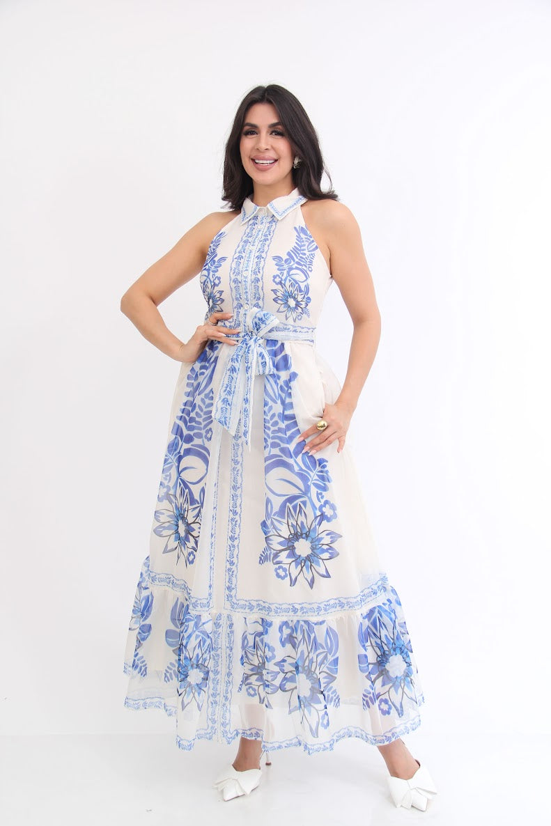 Vestido Blanco Botonero Estampado Azul