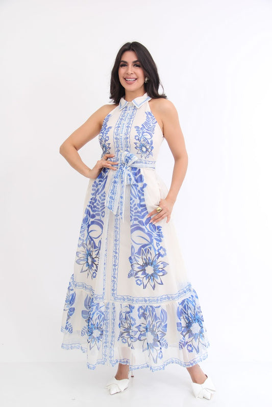 Vestido Blanco Botonero Estampado Azul