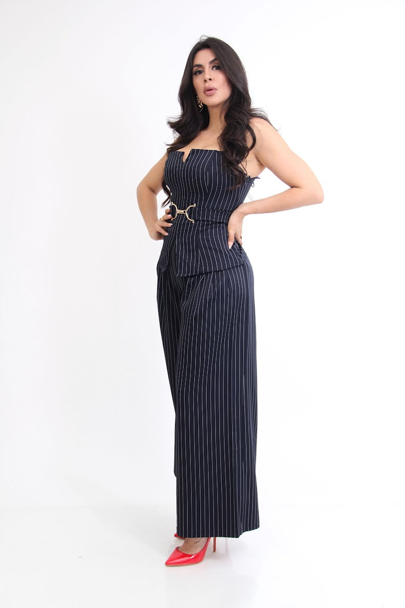 Set de Vestir Rayado Blusa Tirantes Cinturon