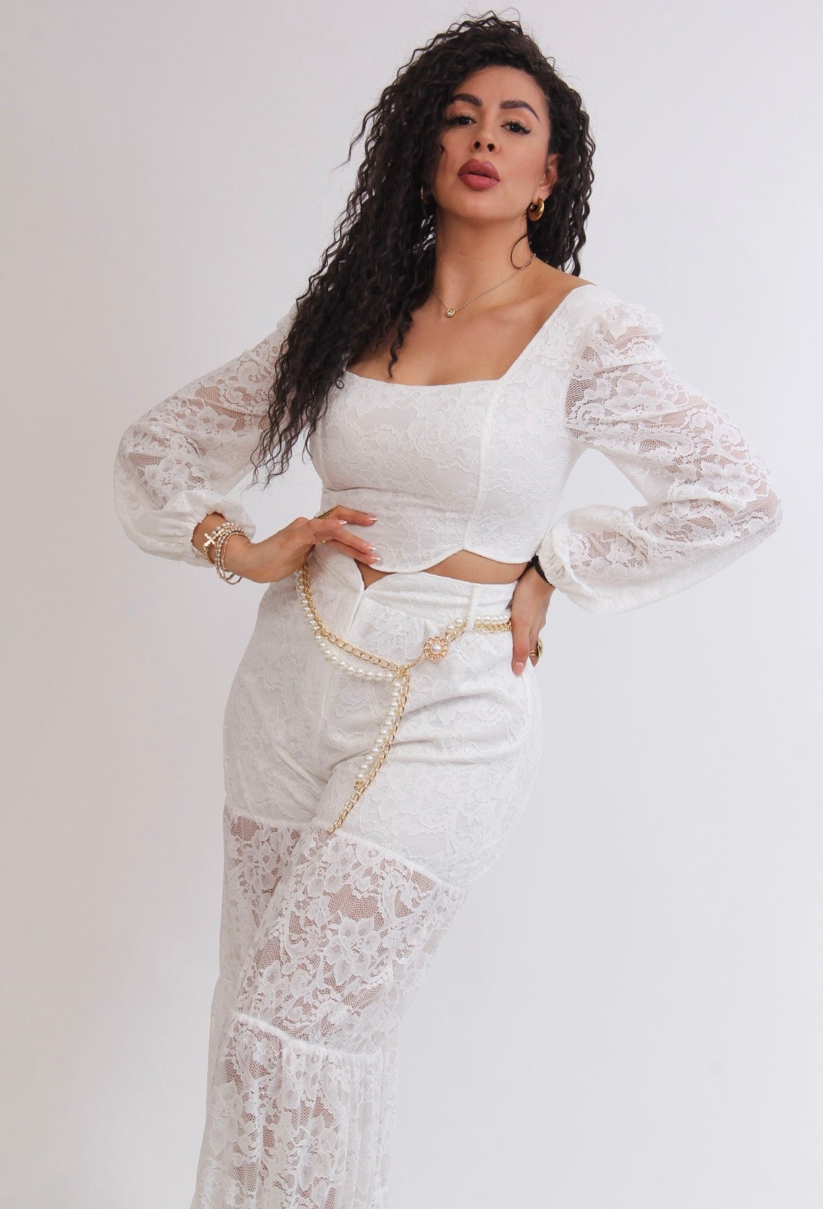 SET DE ENCAJE MANGA LARGA BLUSA RESORTE