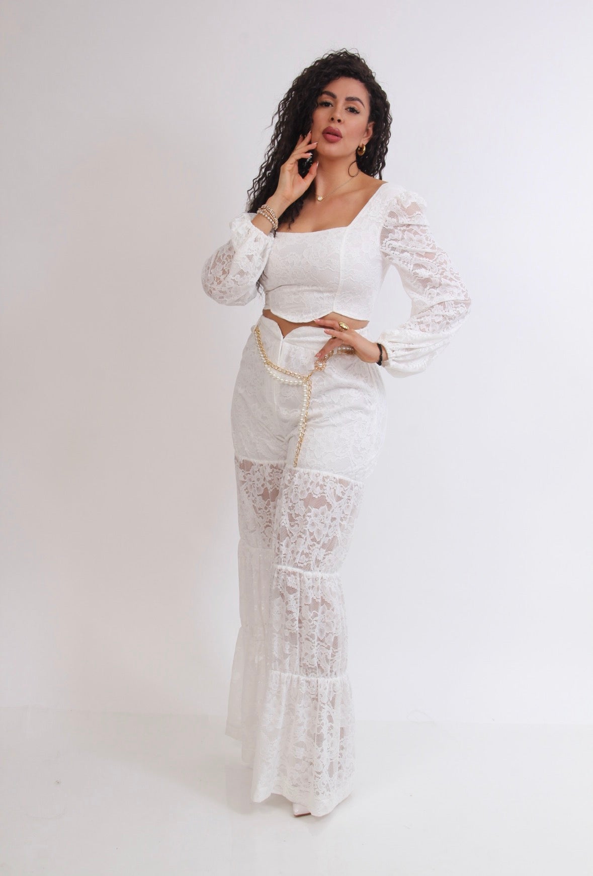 SET DE ENCAJE MANGA LARGA BLUSA RESORTE