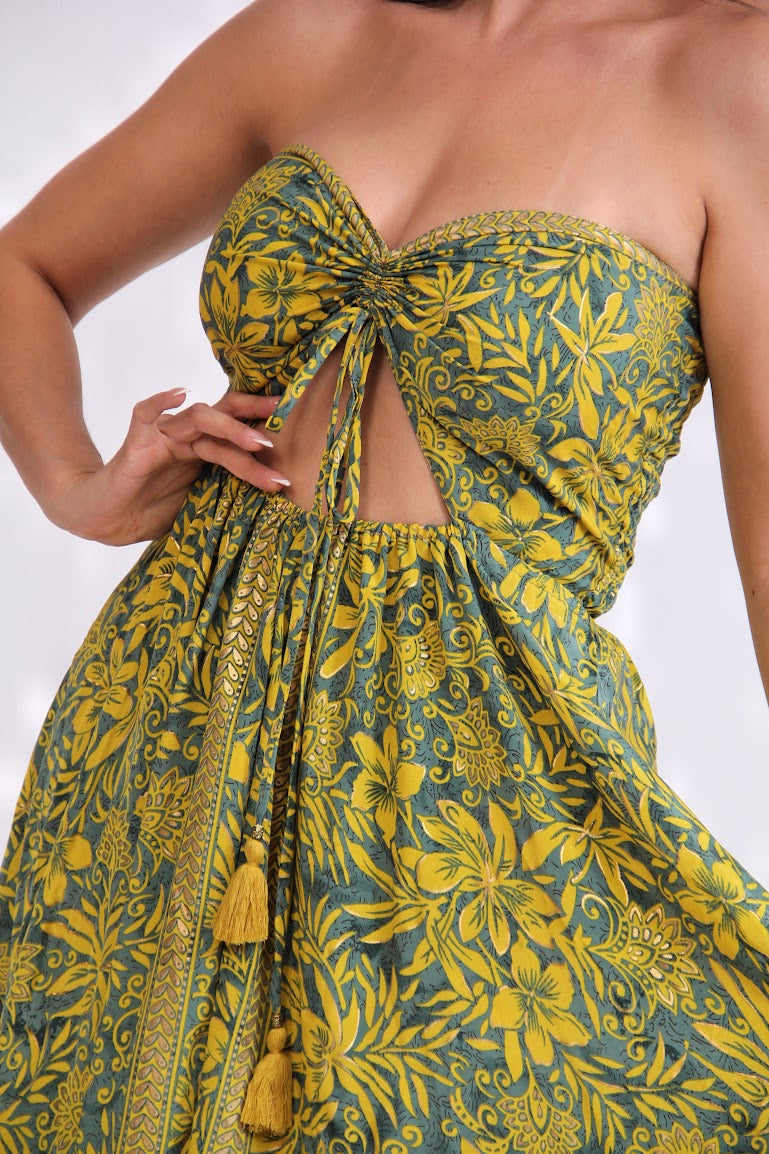 VESTIDO LARGO STRAPLE TIRA ENFRENTE RESORTE ESPALDA