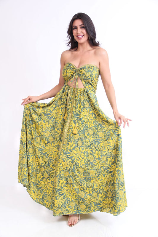 VESTIDO LARGO STRAPLE TIRA ENFRENTE RESORTE ESPALDA
