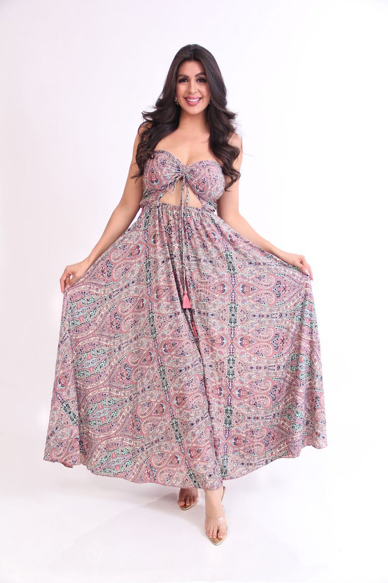 VESTIDO LARGO STRAPLE TIRA ENFRENTE RESORTE ESPALDA