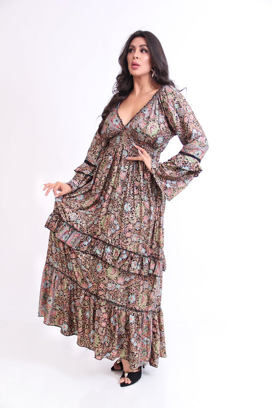 VESTIDO LARGO MANGA LARGA RESORTE CINTURA