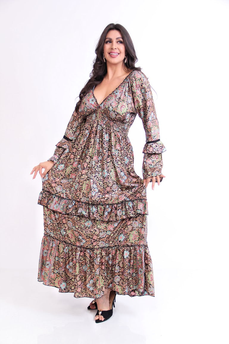 VESTIDO LARGO MANGA LARGA RESORTE CINTURA