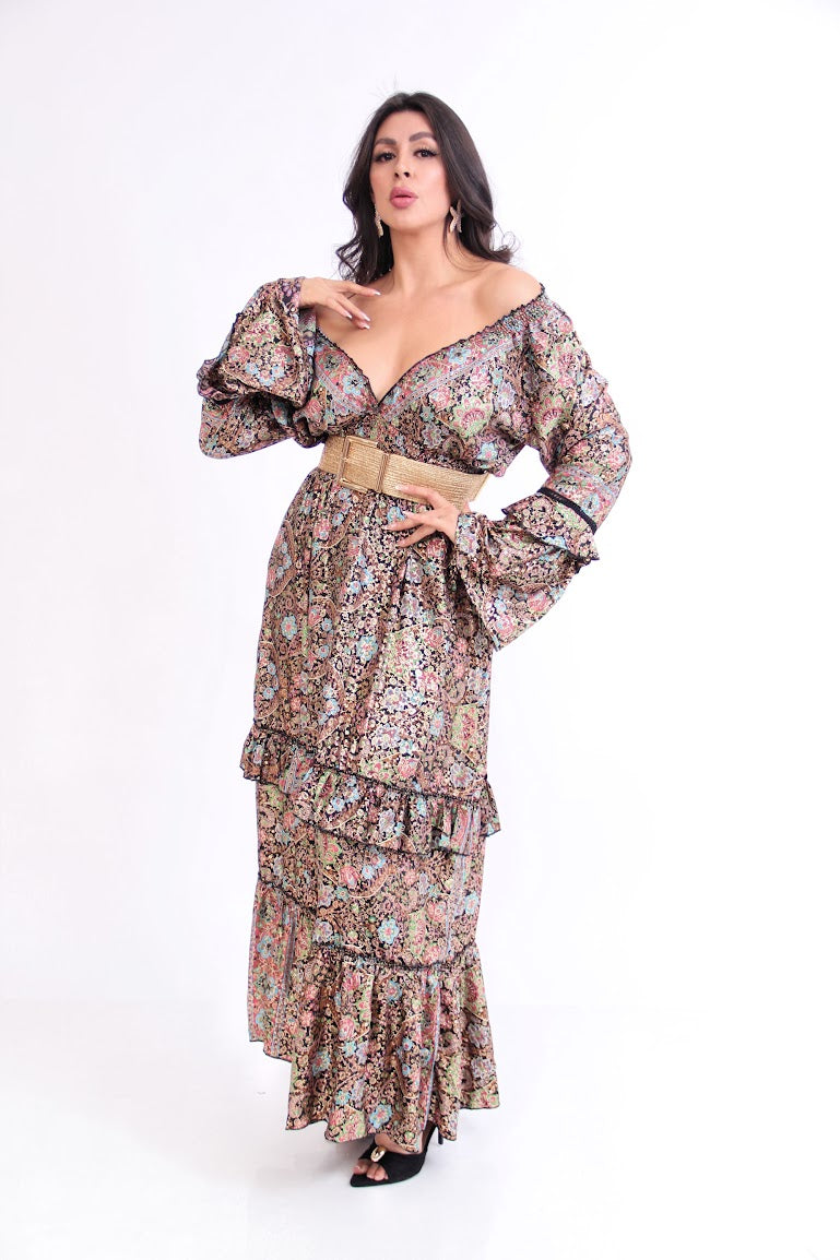 VESTIDO LARGO MANGA LARGA RESORTE CINTURA