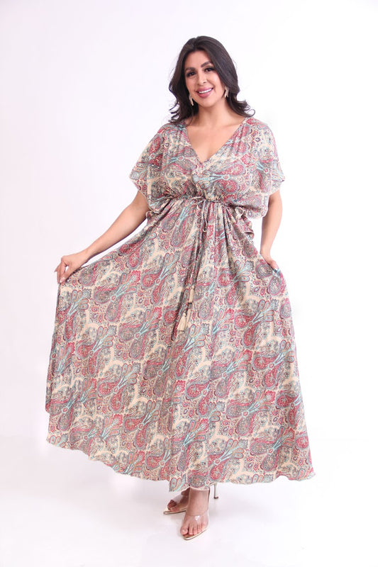 VESTIDO LARGO MANGUITA SEMI OLAN LISTON CINTURA