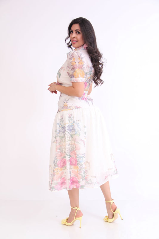 VESTIDO 3/4 ROMANTICO BEIGE FLOREADO