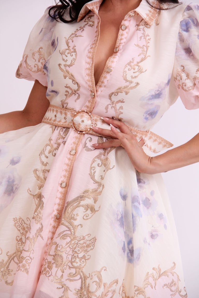 VESTIDO CORTO FLOREADO MANGA AMPONA CINTURON